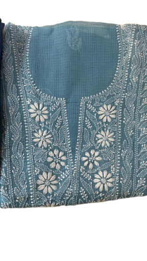 Blue Cotton unstitched Kurta Set