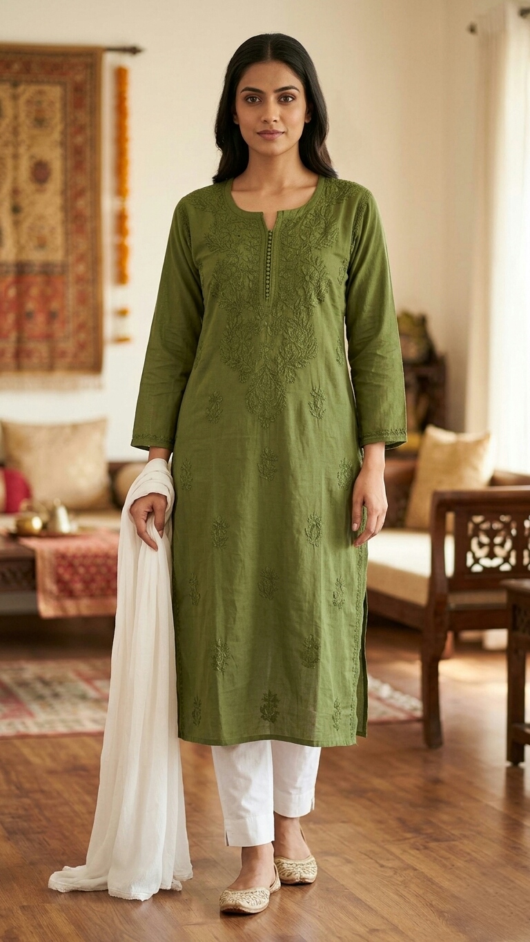 Olive Green Linen Kurti