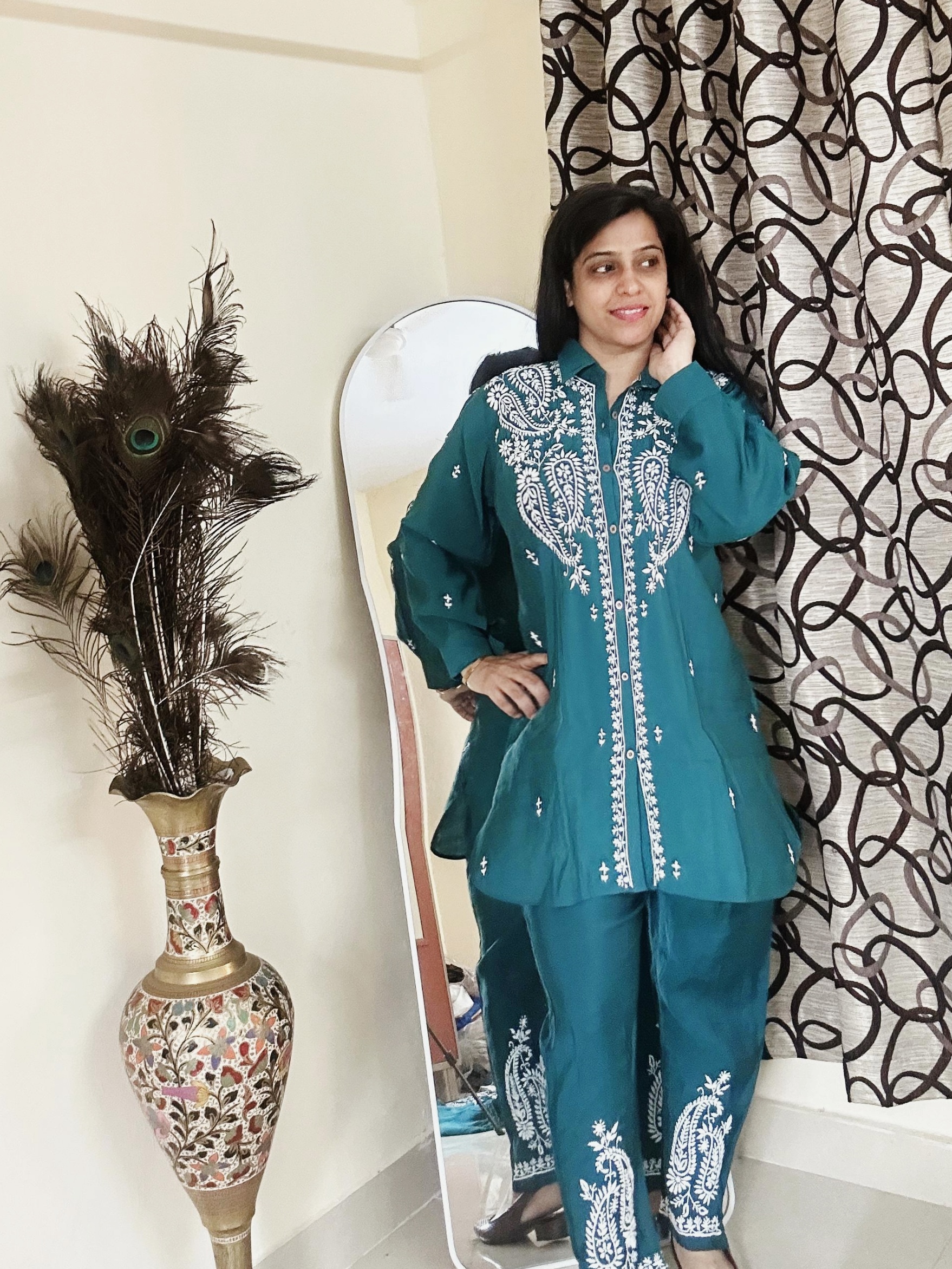 Embroidered Teal Kurti Cotton Blend Co-Ord Set