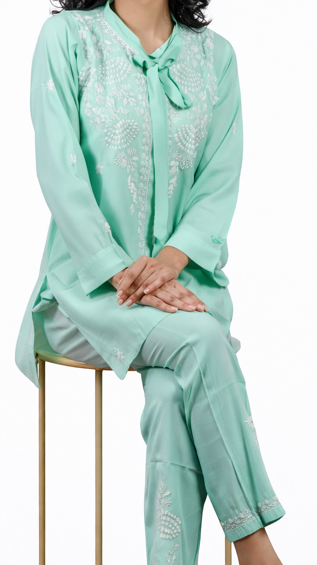 Embroidered Mint Green Cotton Blend Co-ord Set 