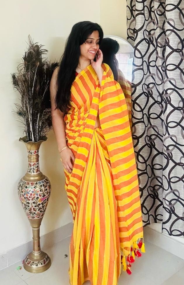 Yellow Striped Cotton Saree