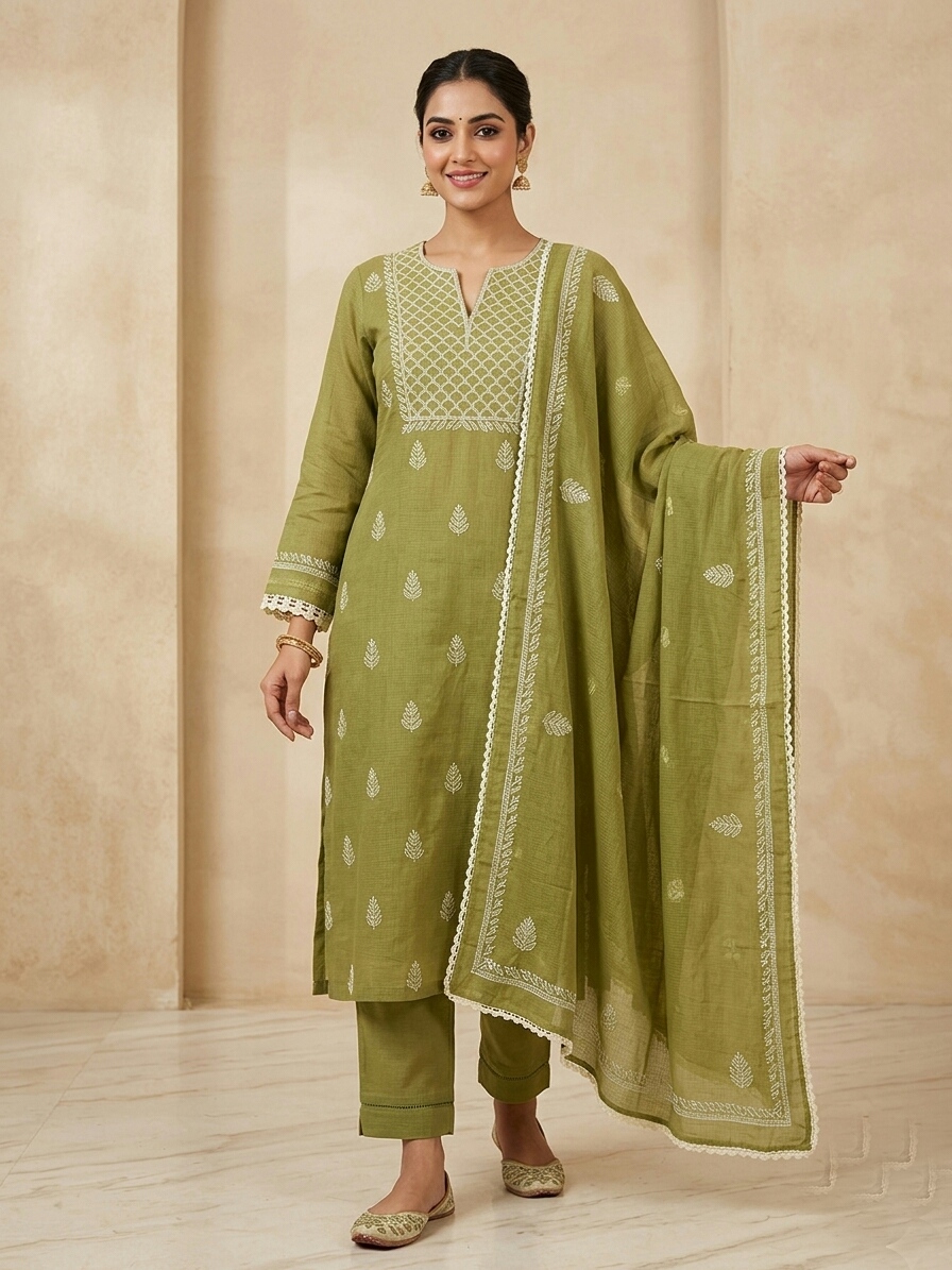 Olive Green Cotton unstitched Kurta Set