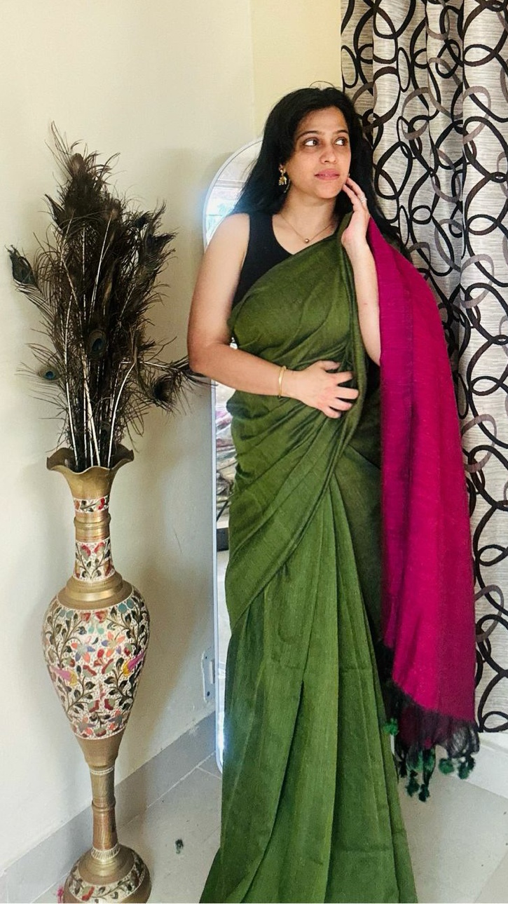 Olive handspun handwoven cotton handloom saree