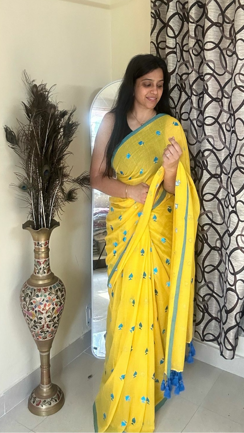 Yellow Floral Embroidered Saree
