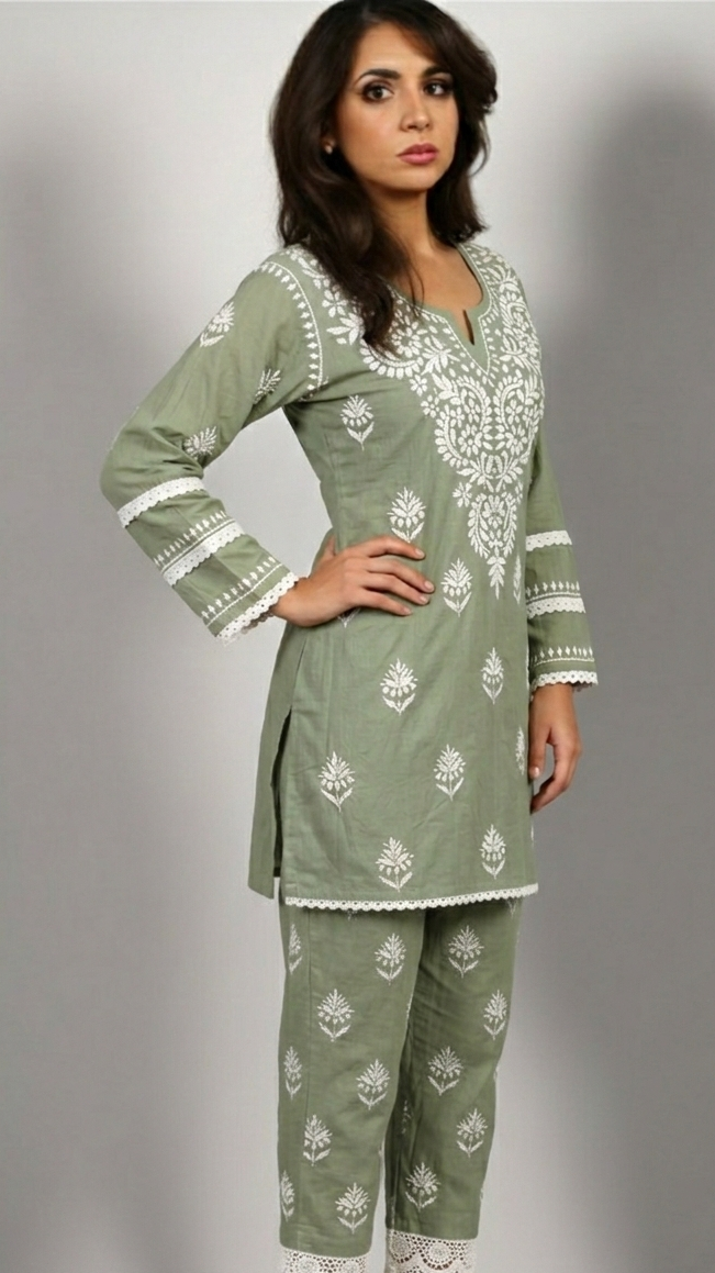Green Embroidered Cotton Kurti Set