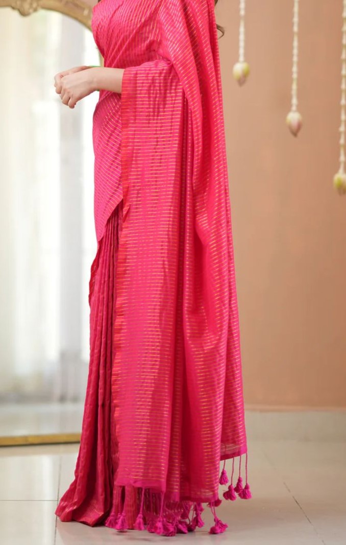hot pink striped saree with tassel details