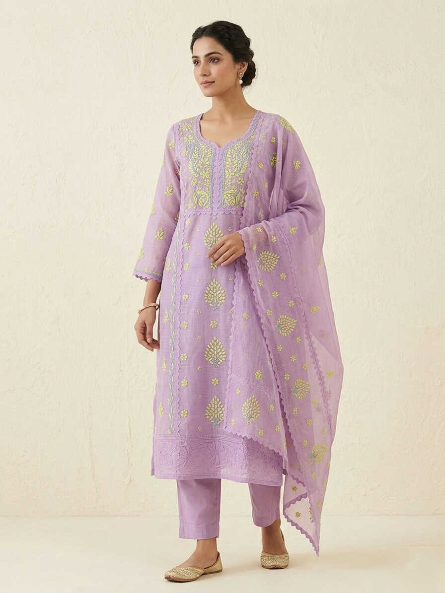 Lavender Embroidered unstitched Kurta Set