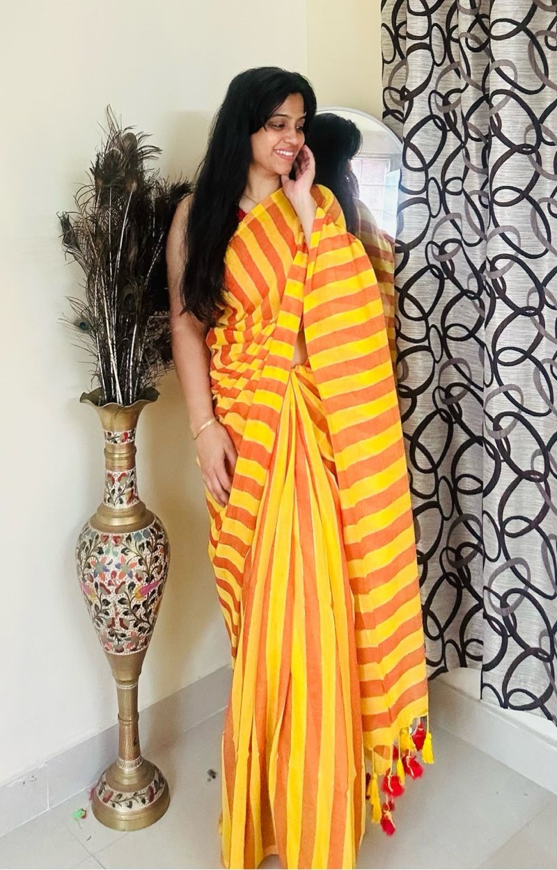 Yellow Striped Cotton Saree