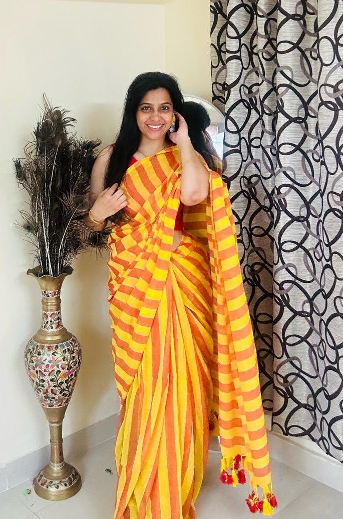 Yellow Striped Cotton Saree