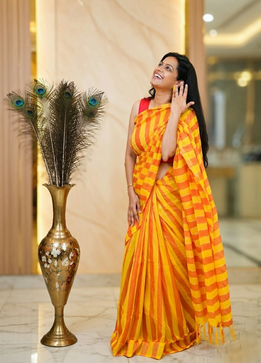 Yellow Striped Cotton Saree