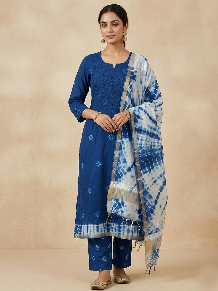 Indigo Cotton unstitched Kurta Set