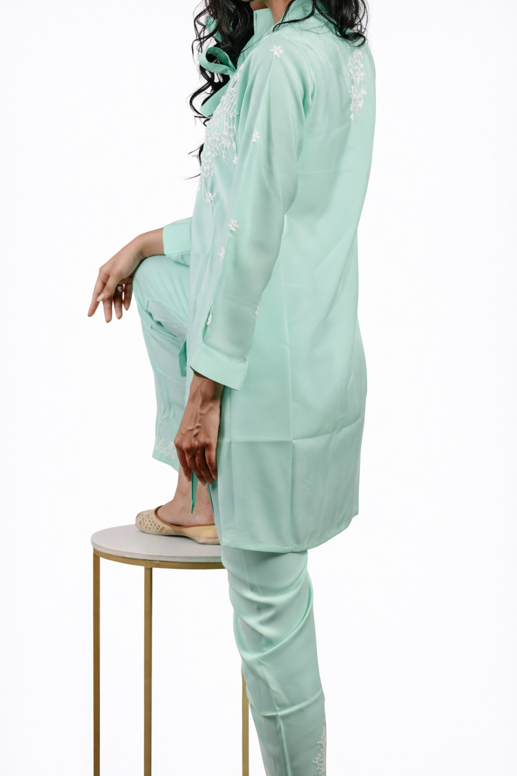 Embroidered Mint Green Cotton Blend Co-ord Set 