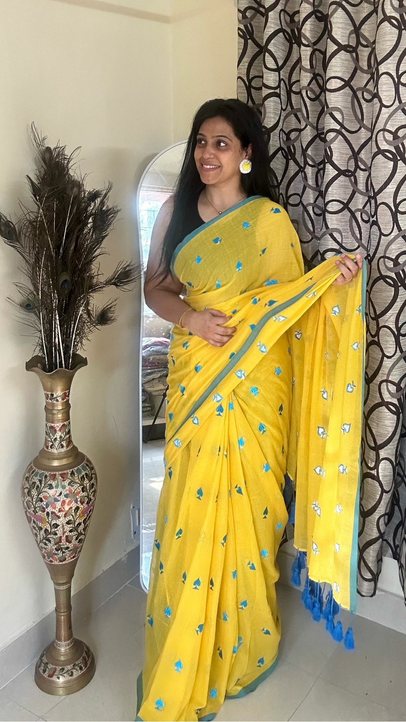 Yellow Floral Embroidered Saree
