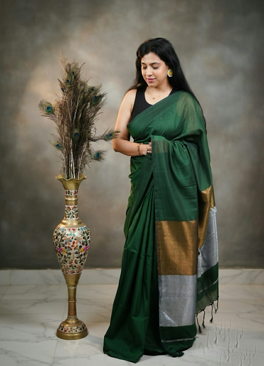 Green Hand Woven Cotton Tissue Saree