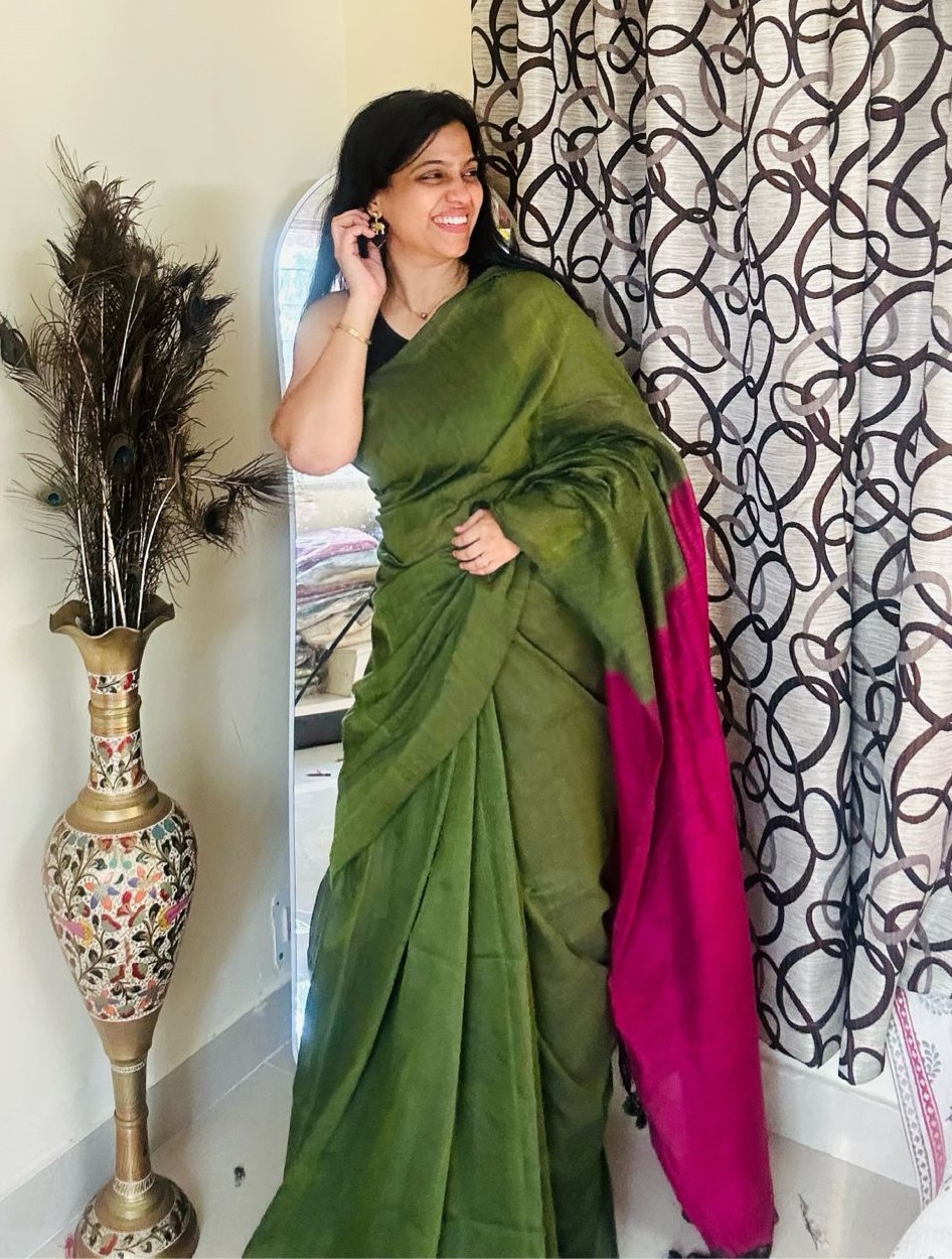 Olive handspun handwoven cotton handloom saree