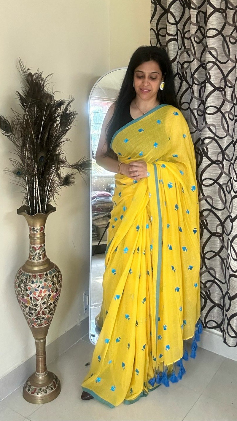 Yellow Floral Embroidered Saree