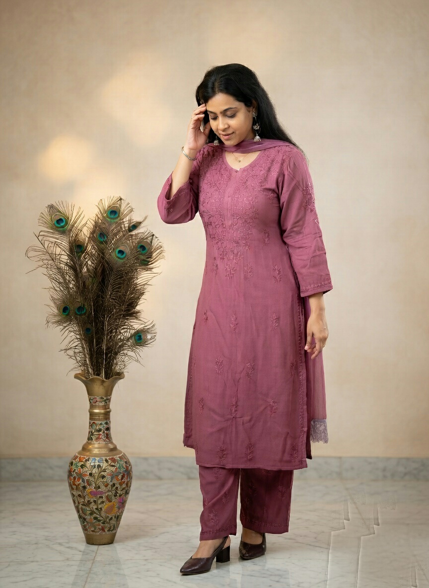Embroidered Mauve Kurta Set