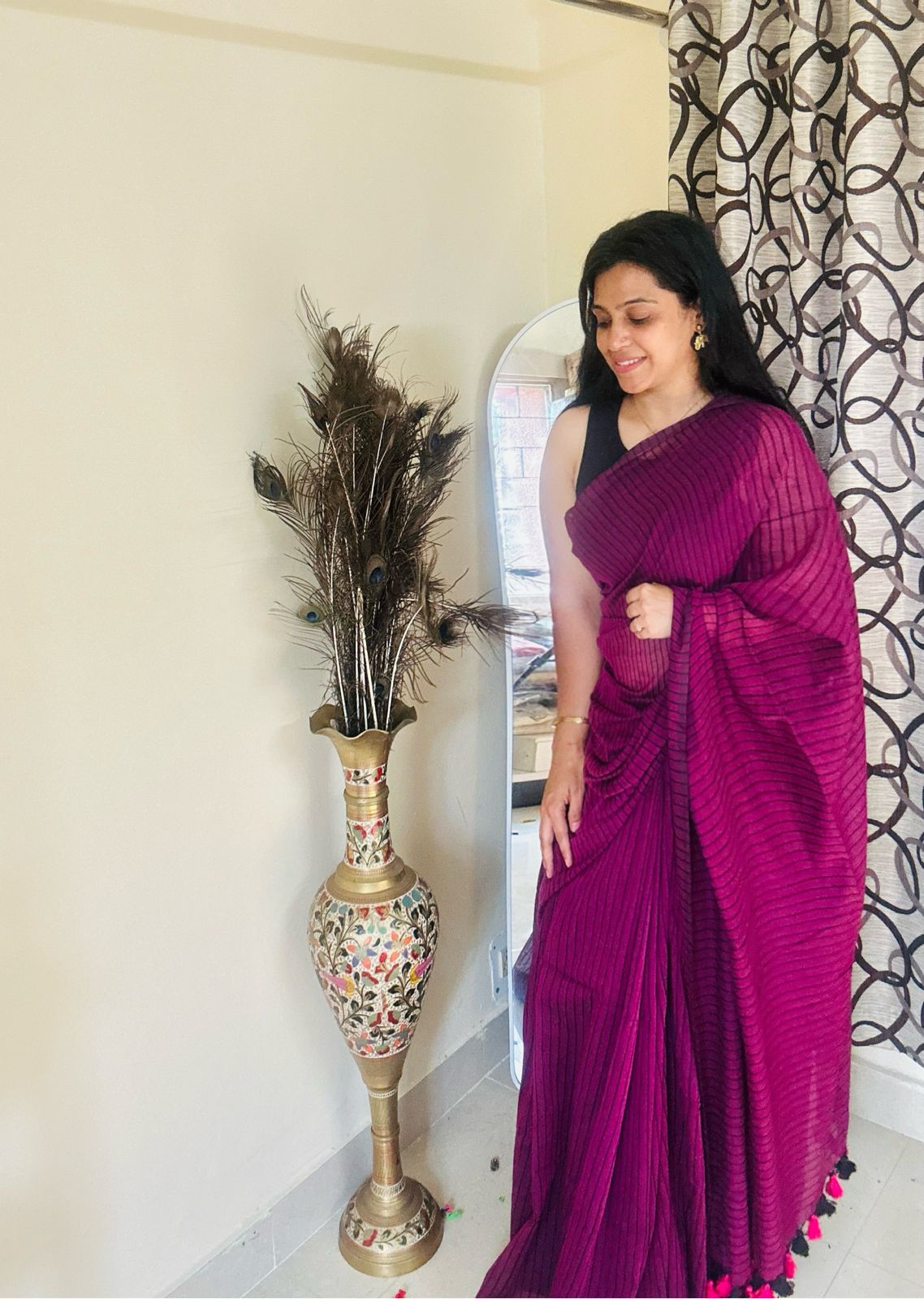 Magenta Stripped Mulmul Saree