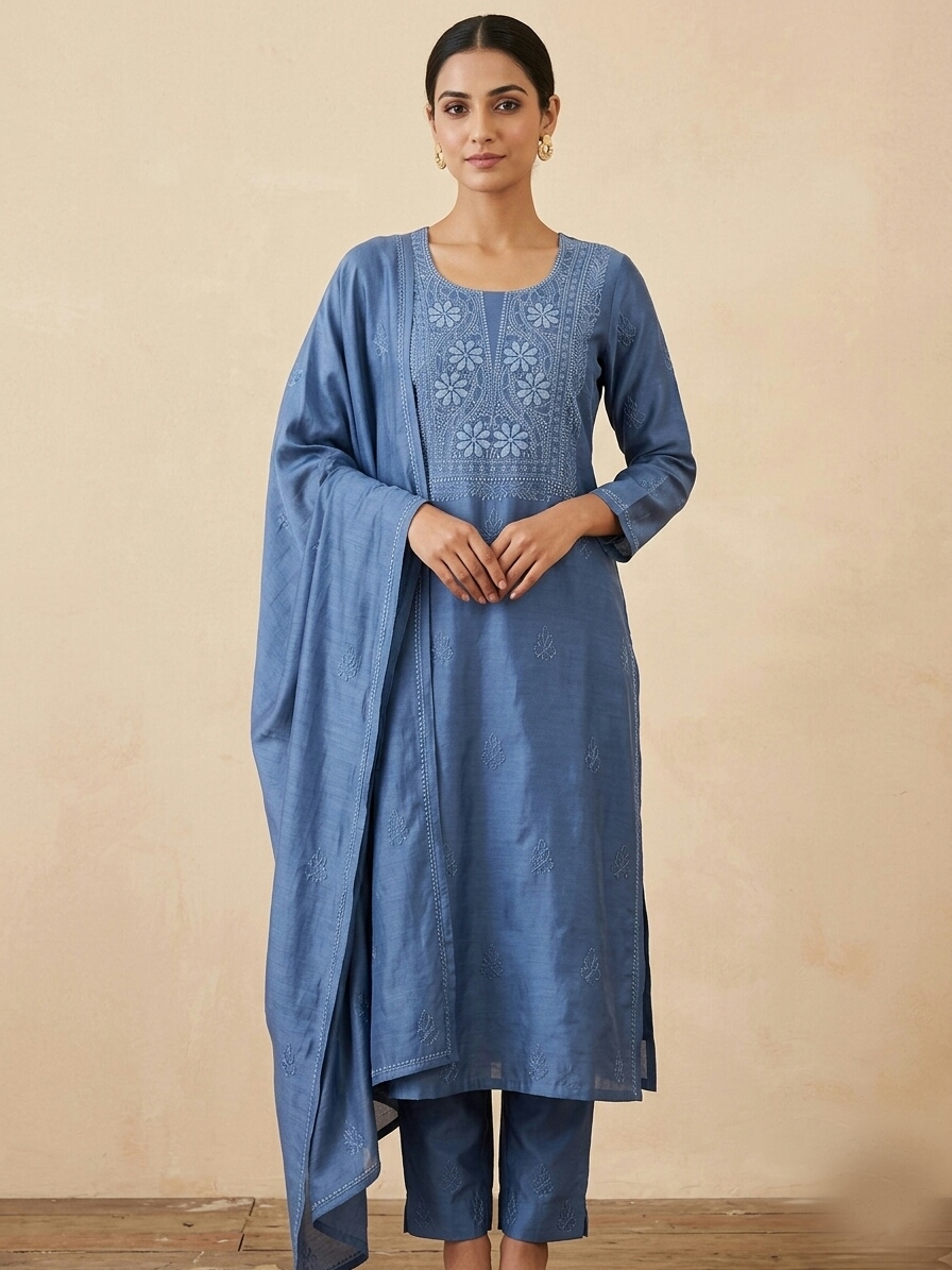 Blue Cotton unstitched Kurta Set