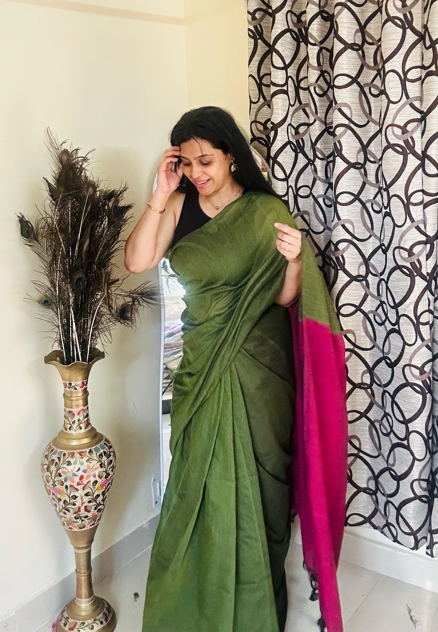 Olive handspun handwoven cotton handloom saree