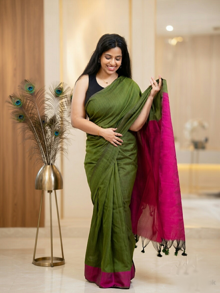 Olive handspun handwoven cotton handloom saree