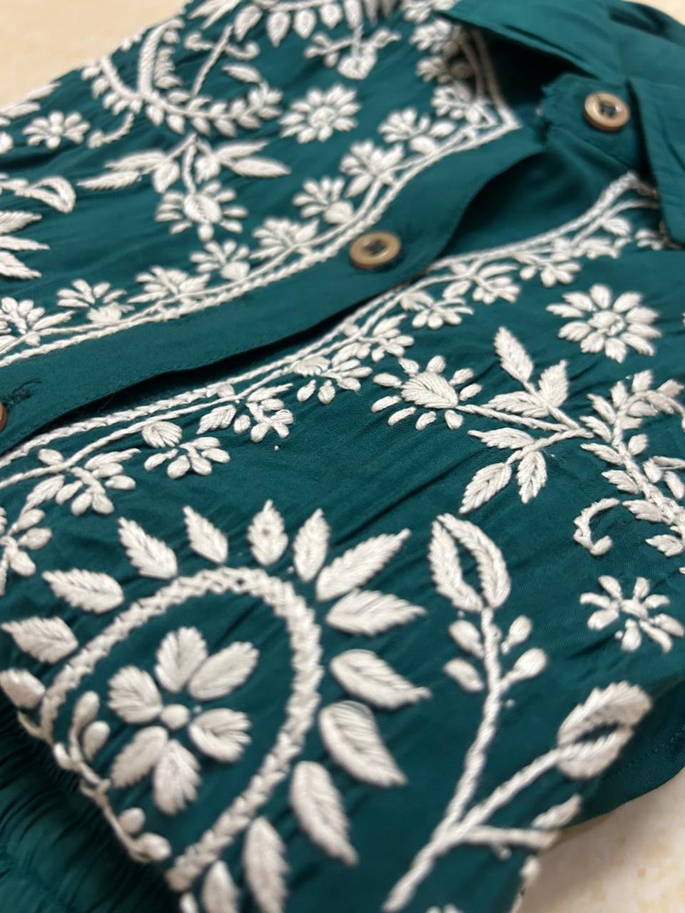 Embroidered Teal Kurti Cotton Blend Co-Ord Set