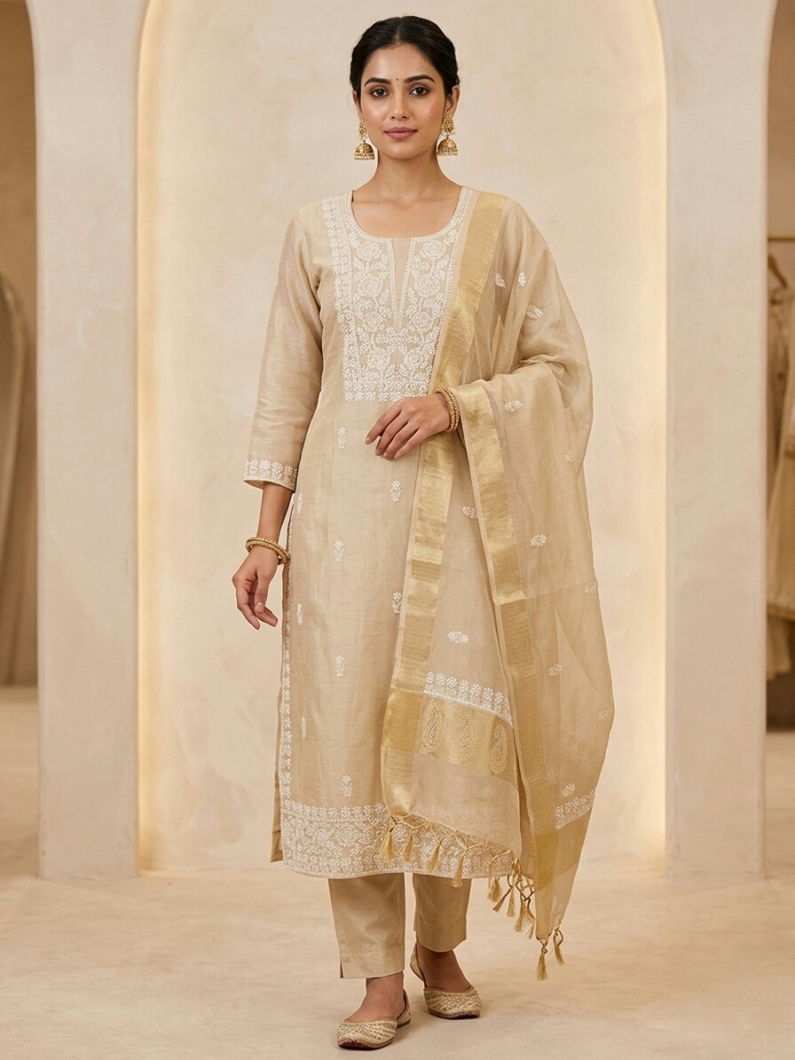Beige Embroidered unstitched Kurta Set