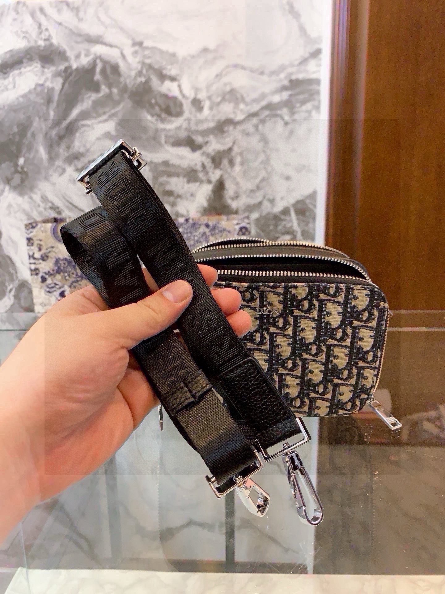 DIOR Zipped Pouch with Strap Beige and Black Dior Oblique Jacquard [503960]