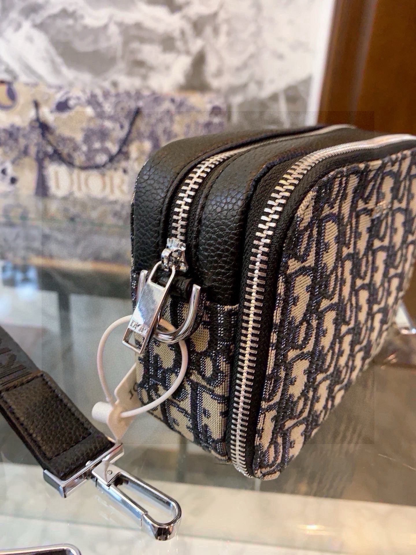 DIOR Zipped Pouch with Strap Beige and Black Dior Oblique Jacquard [503960]