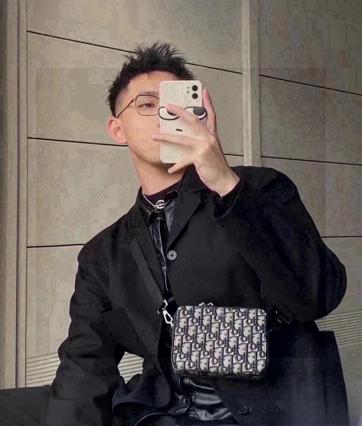 DIOR Zipped Pouch with Strap Beige and Black Dior Oblique Jacquard [503960]