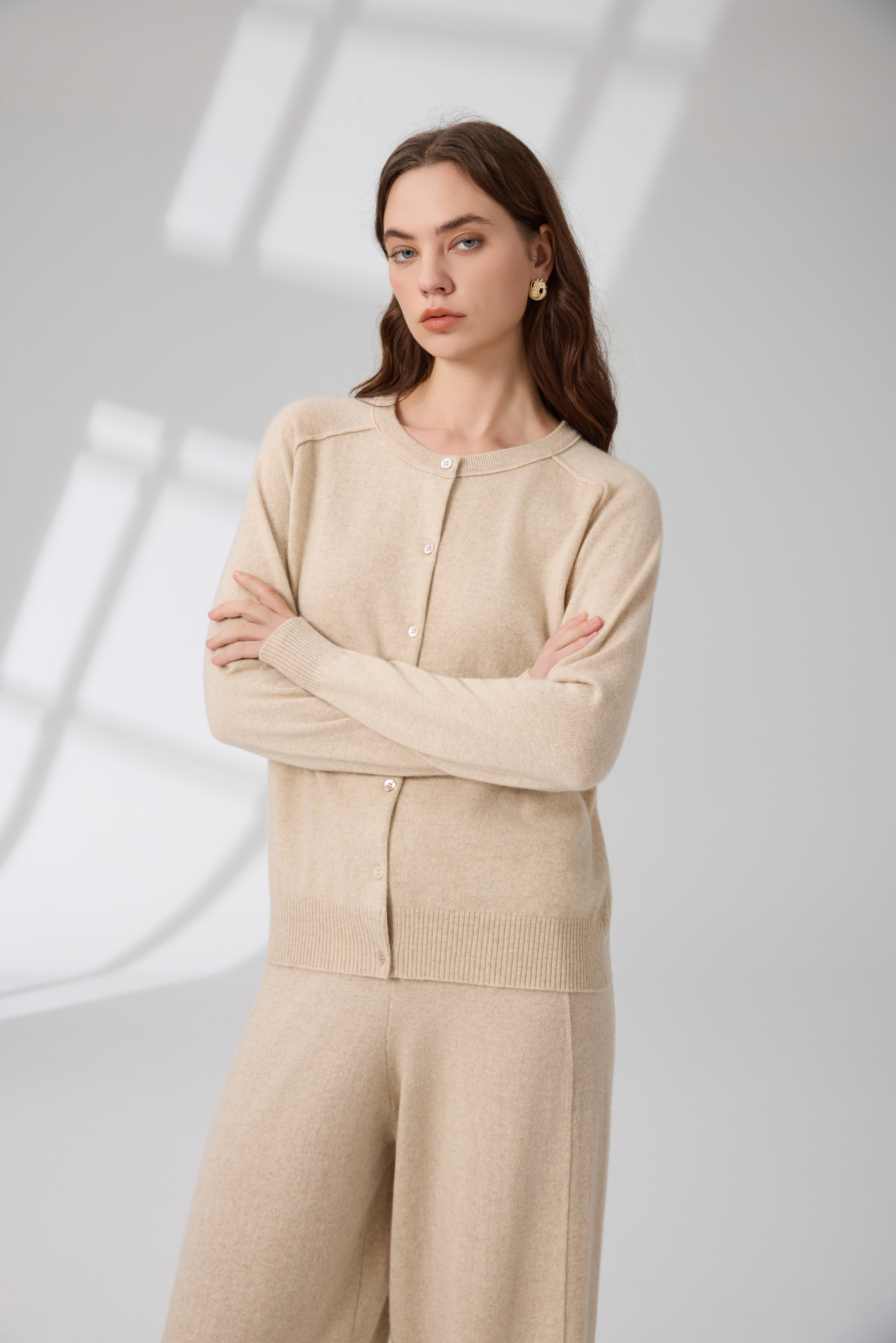 100% Pure Cashmere Undyed Beige Buttoned Cardigan