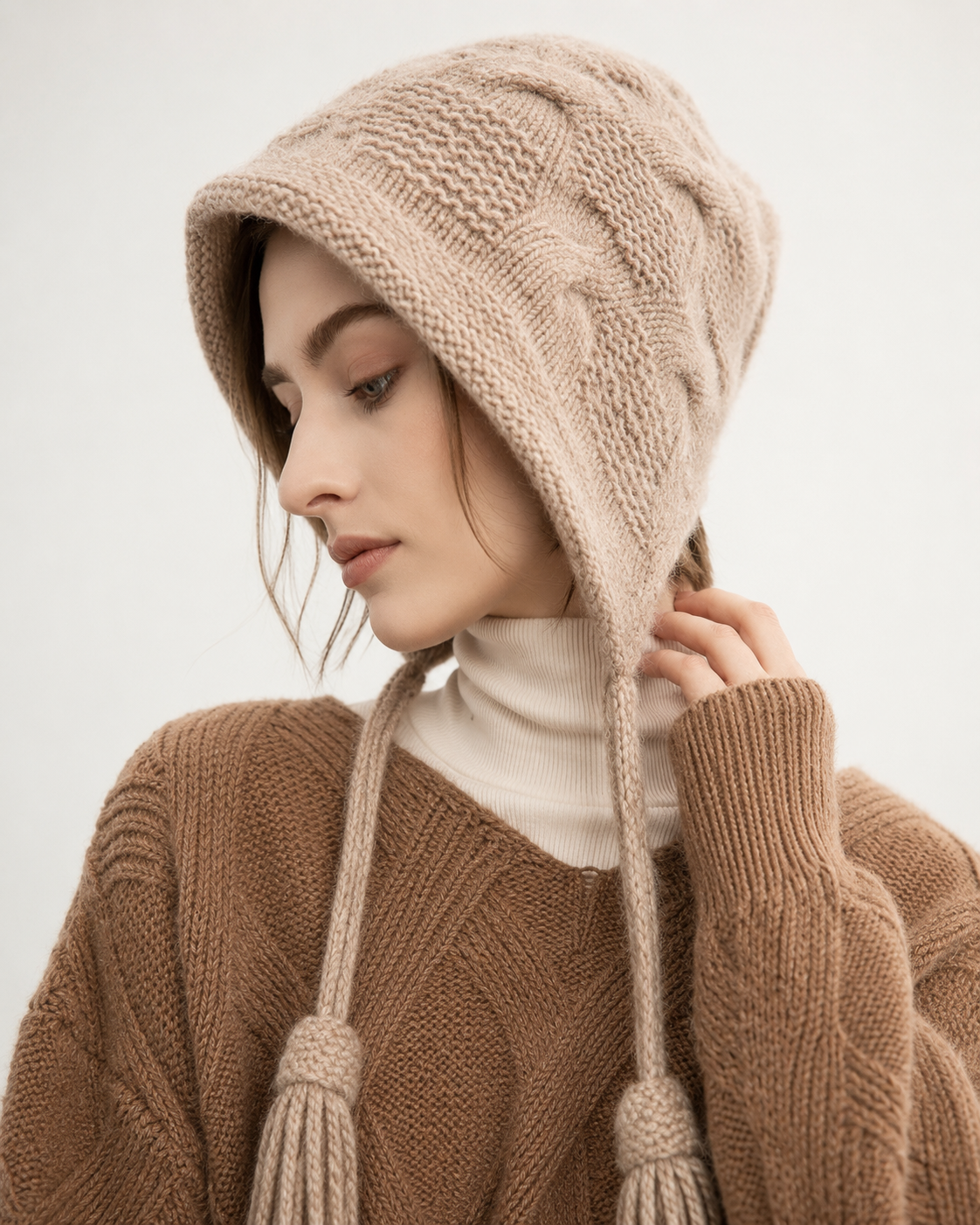 100% Pure Cashmere Hand-Knitted Tassel Earflap Hat