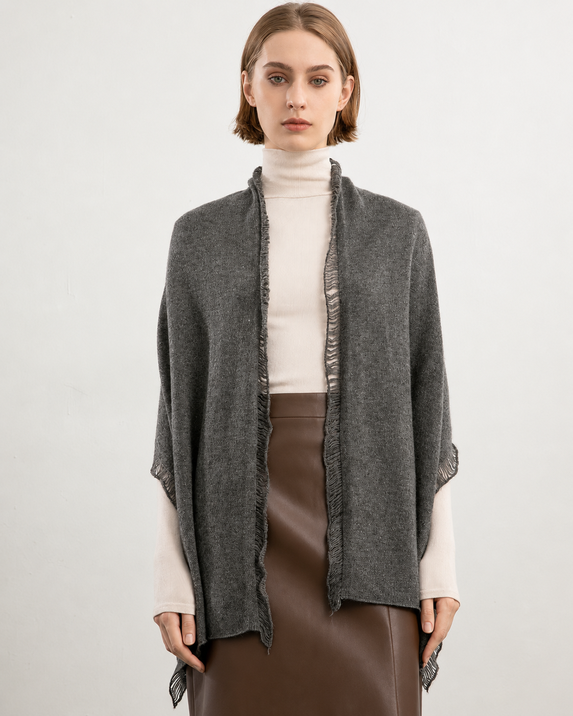 100% Pure Cashmere Frayed-Edge Scarf – Charcoal Grey