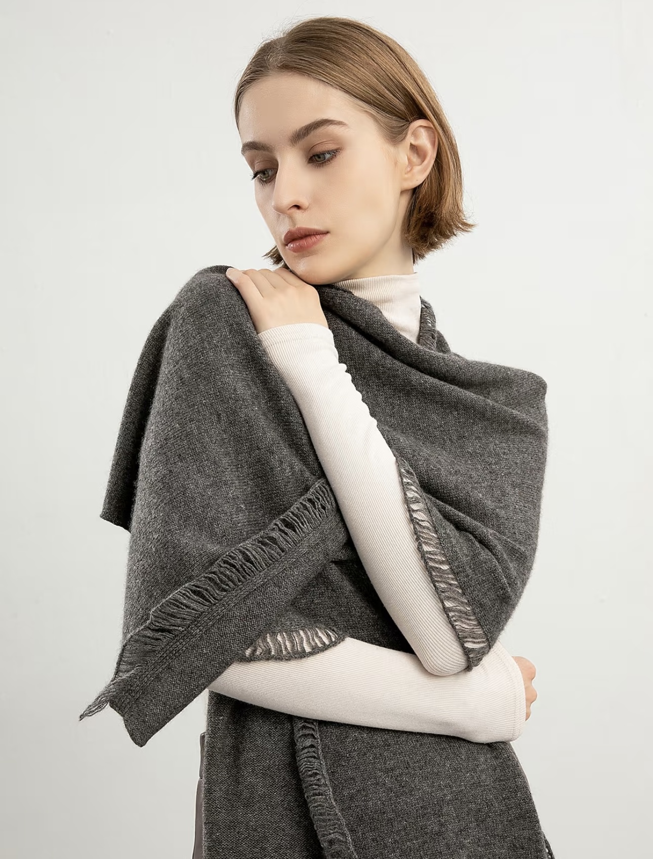 100% Pure Cashmere Frayed-Edge Scarf – Charcoal Grey