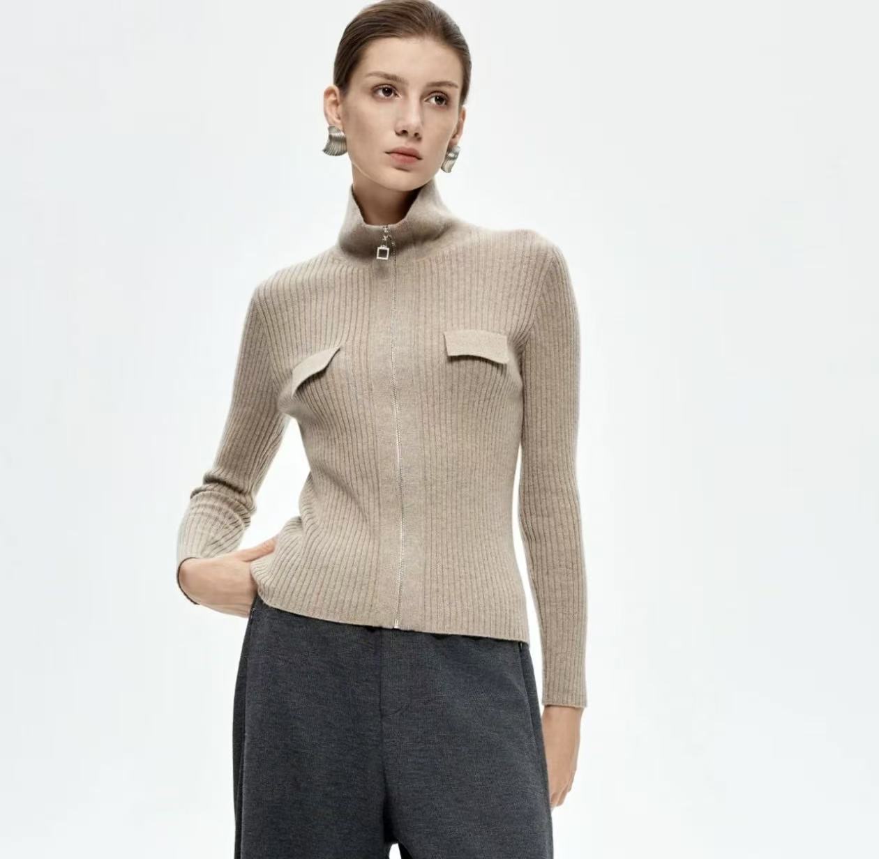 100% Pure Cashmere Ribbed Zip Cardigan