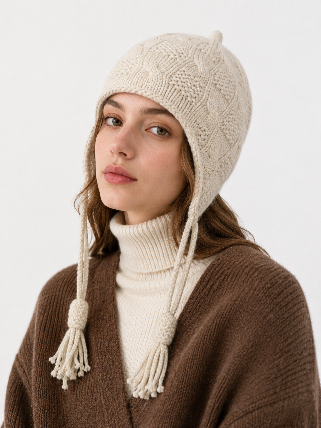 100% Pure Cashmere Hand-Knitted Tassel Earflap Hat