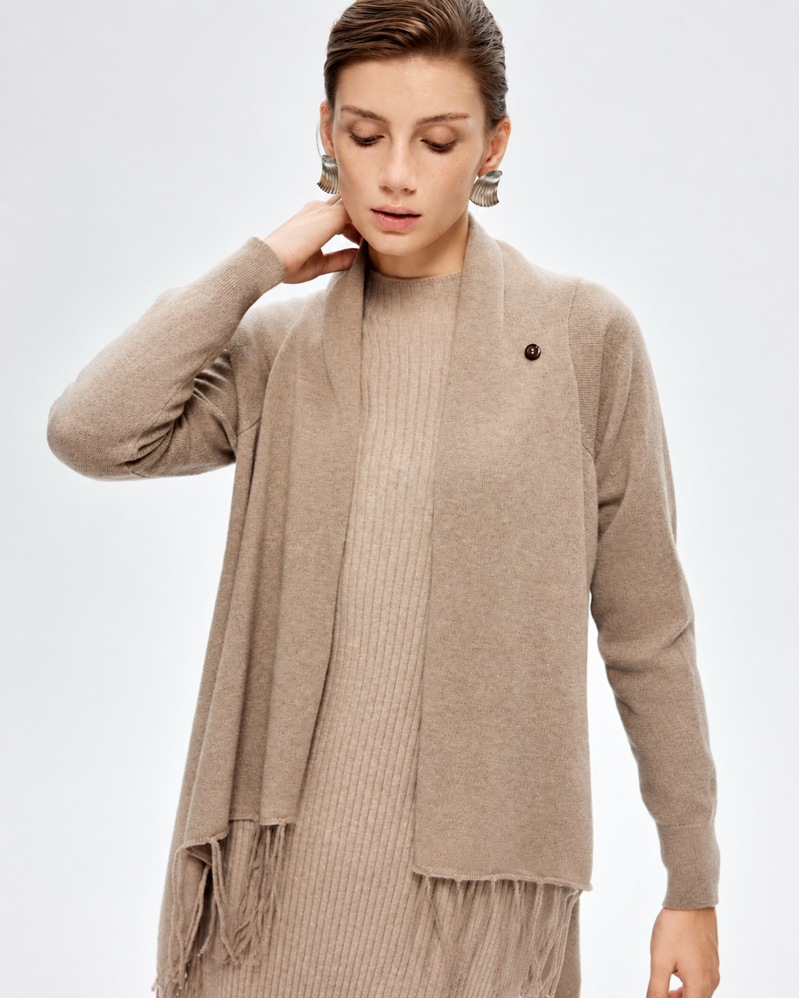 100% Pure Cashmere Sleeved Wrap Shawl | One-Button Draped Design | Organic Undyed
