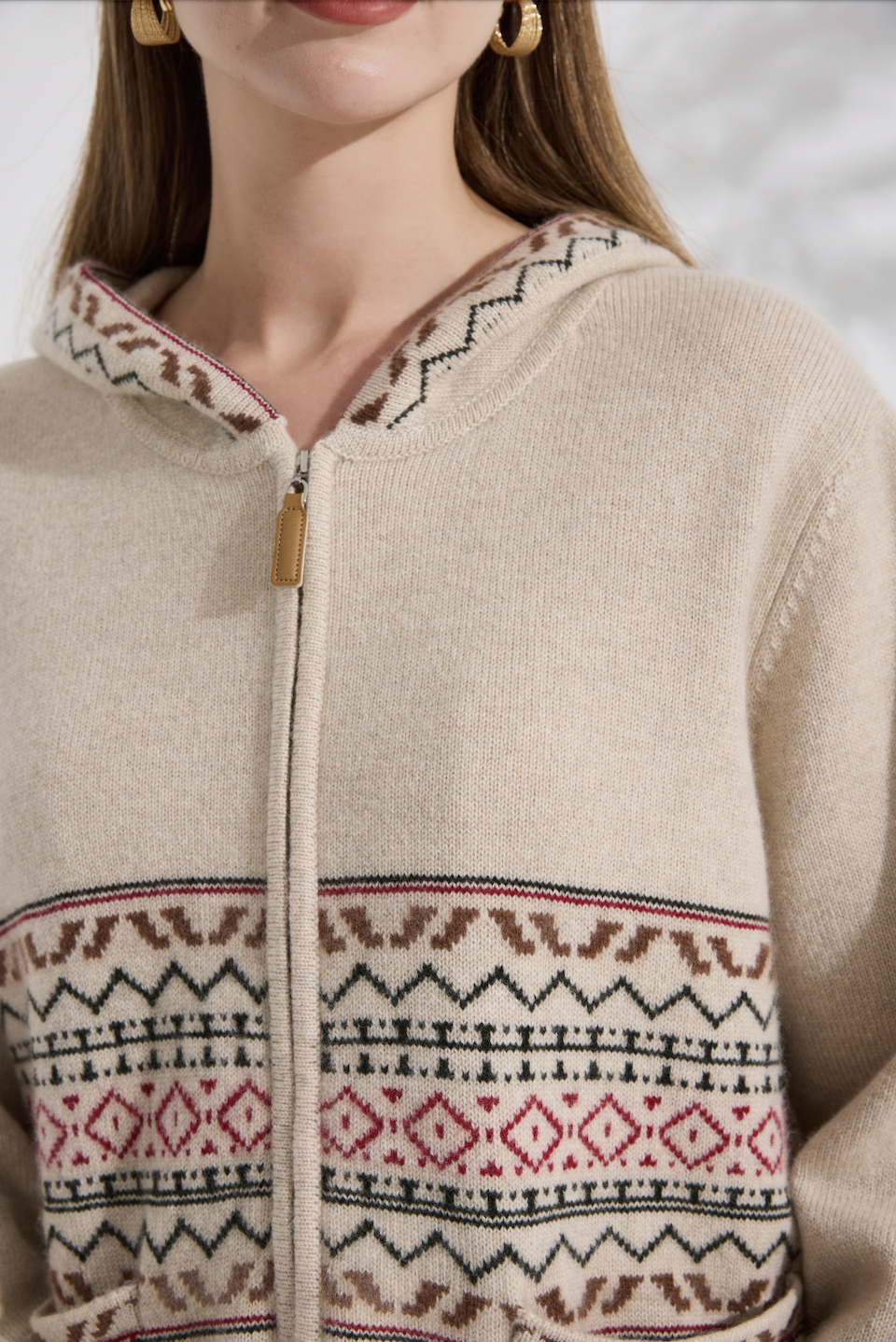 100% Pure Cashmere Heavyweight Oatmeal Fair Isle Hooded Knit Jacket