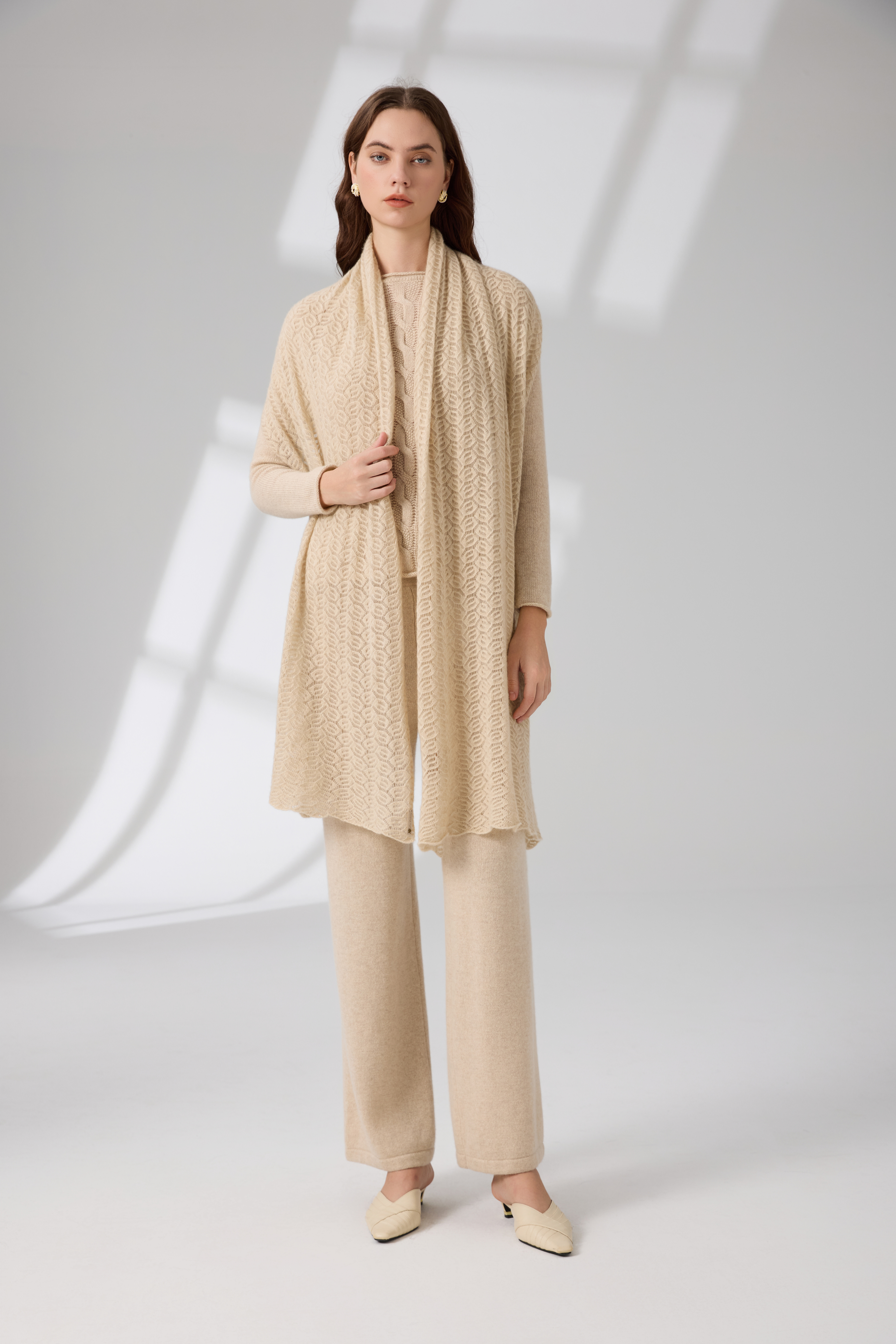 100% Pure Cashmere Leaf Openwork Scarf – Organic Undyed Oatmeal