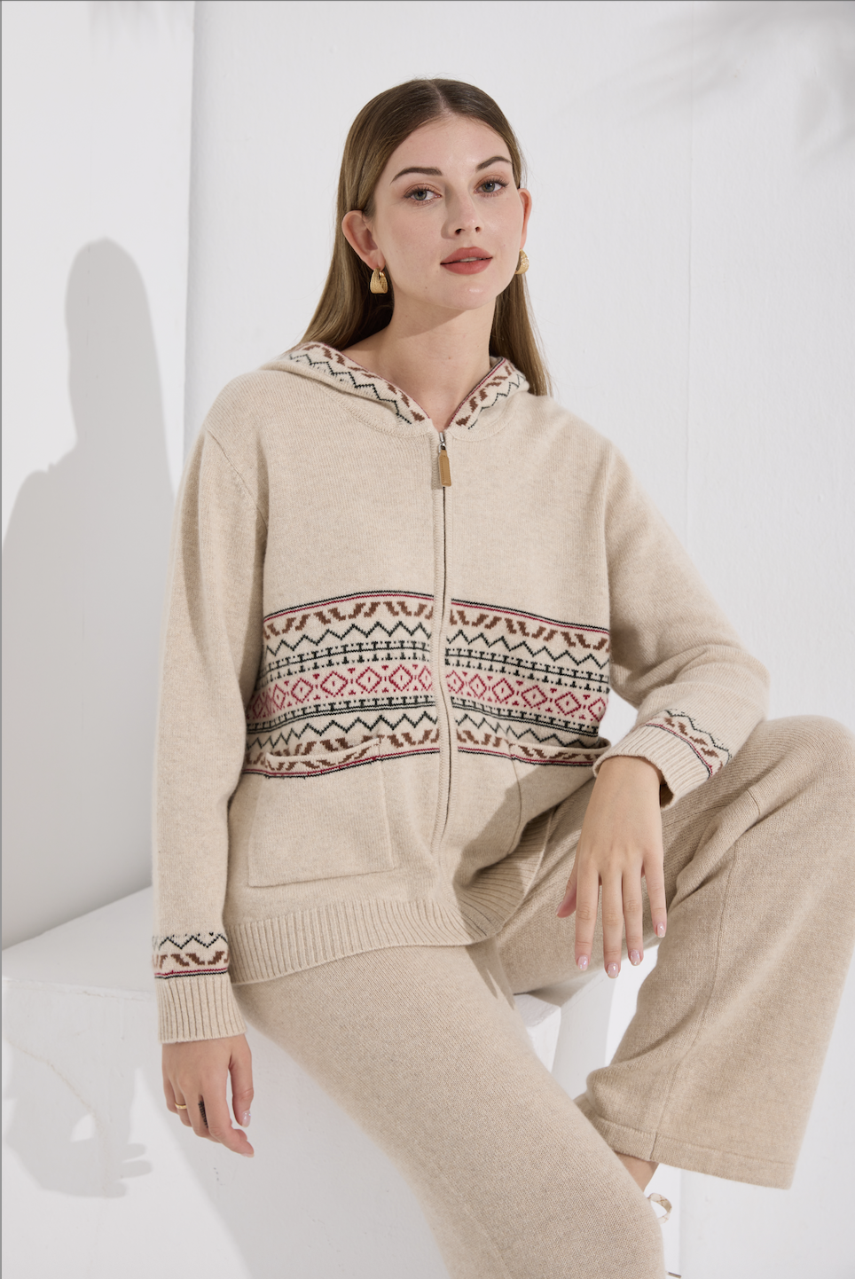 100% Pure Cashmere Heavyweight Oatmeal Fair Isle Hooded Knit Jacket