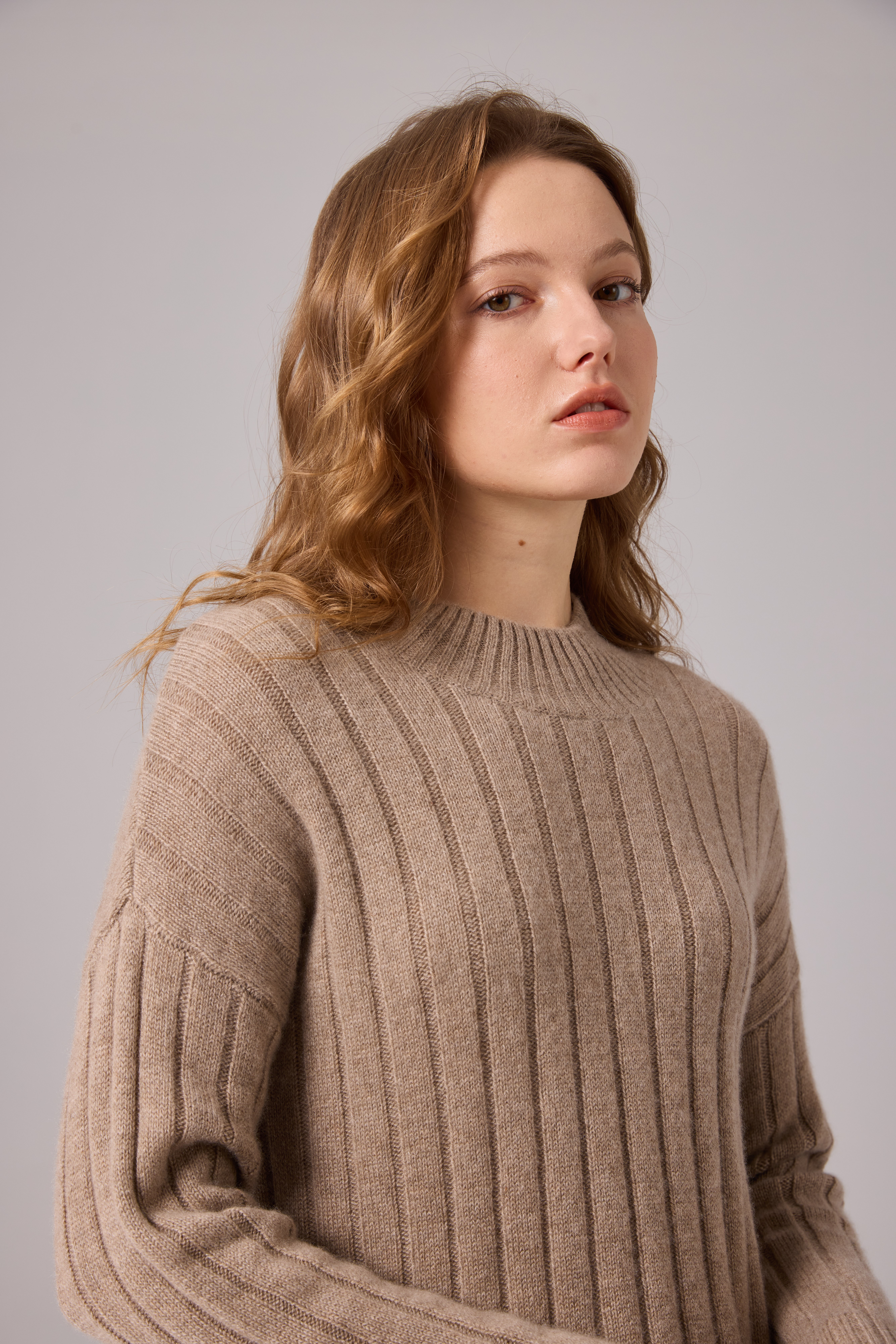 100% Pure Cashmere Thick Ribbed Mock Neck Sweater