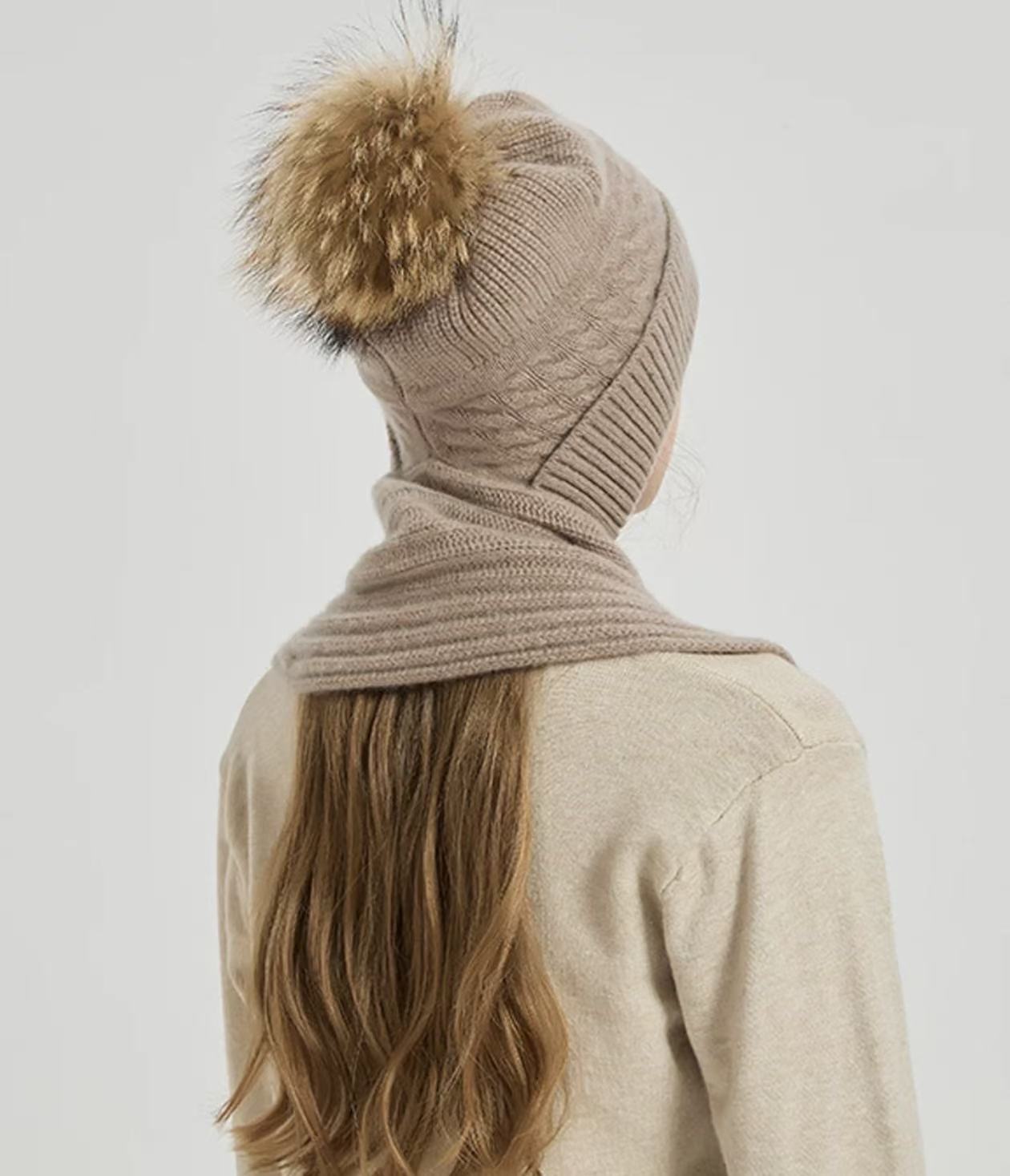 100% Pure Cashmere Cable-Knit Pom-Pom Hooded Scarf
