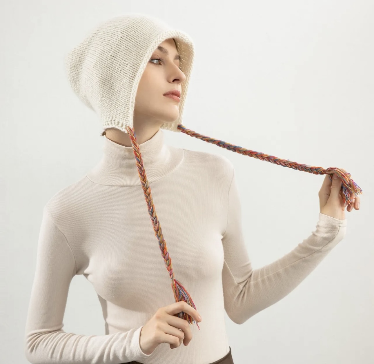 100% Pure Cashmere Hand-Knitted Rolled-Brim Bonnet Hat