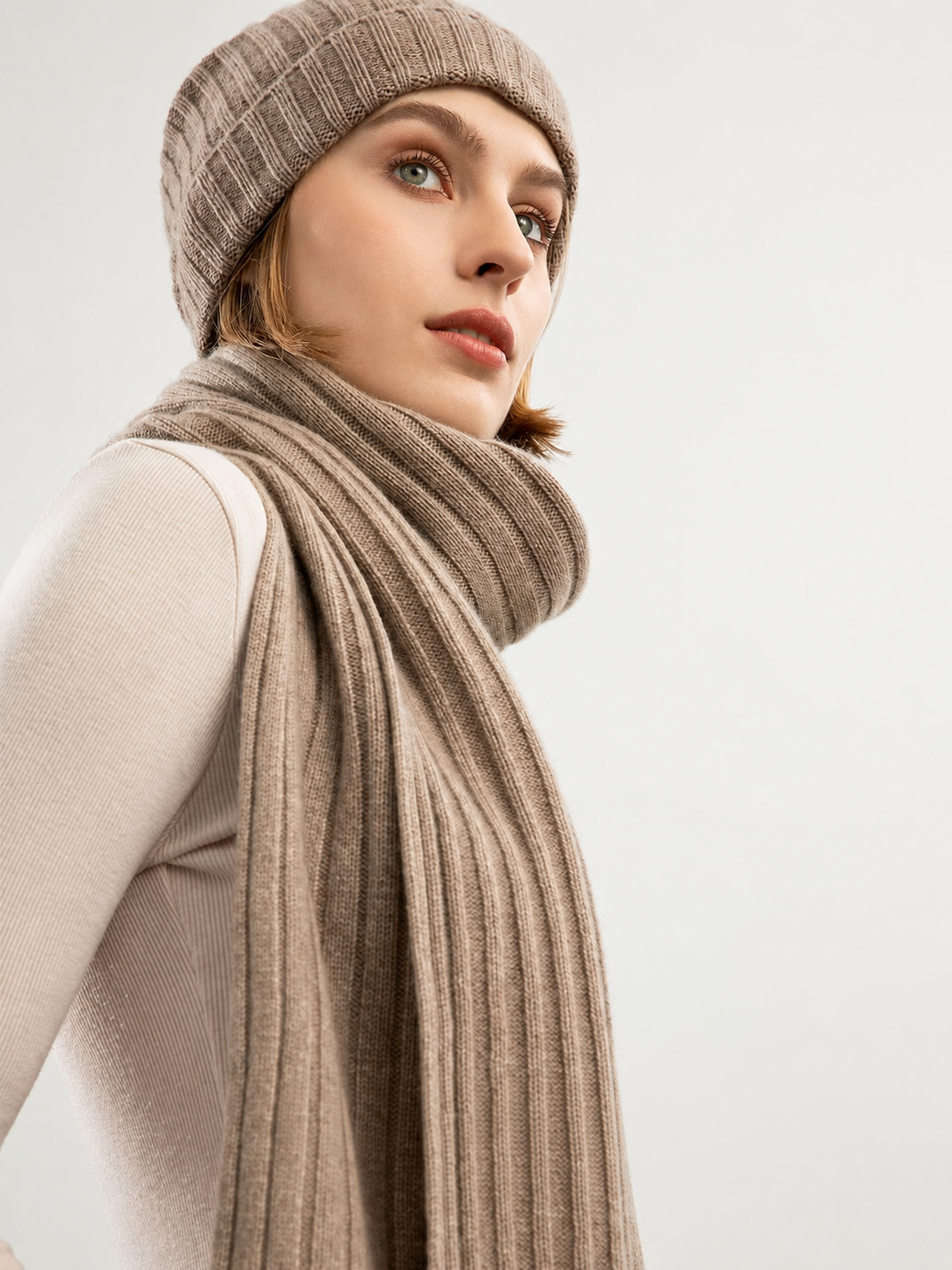 100% Pure Cashmere Designer Ribbed Scarf & Beanie Set