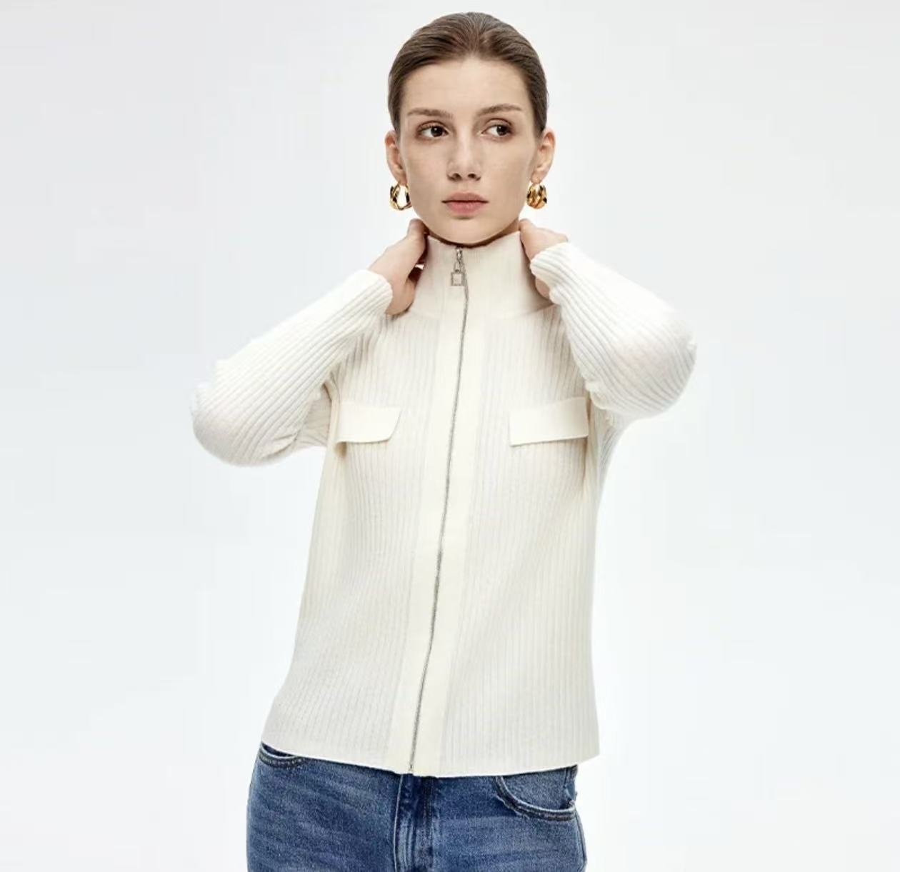 100% Pure Cashmere Ribbed Zip Cardigan