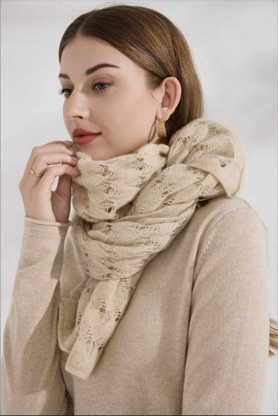 100% Pure Cashmere Openwork Lace Scarf – Organic Undyed Beige