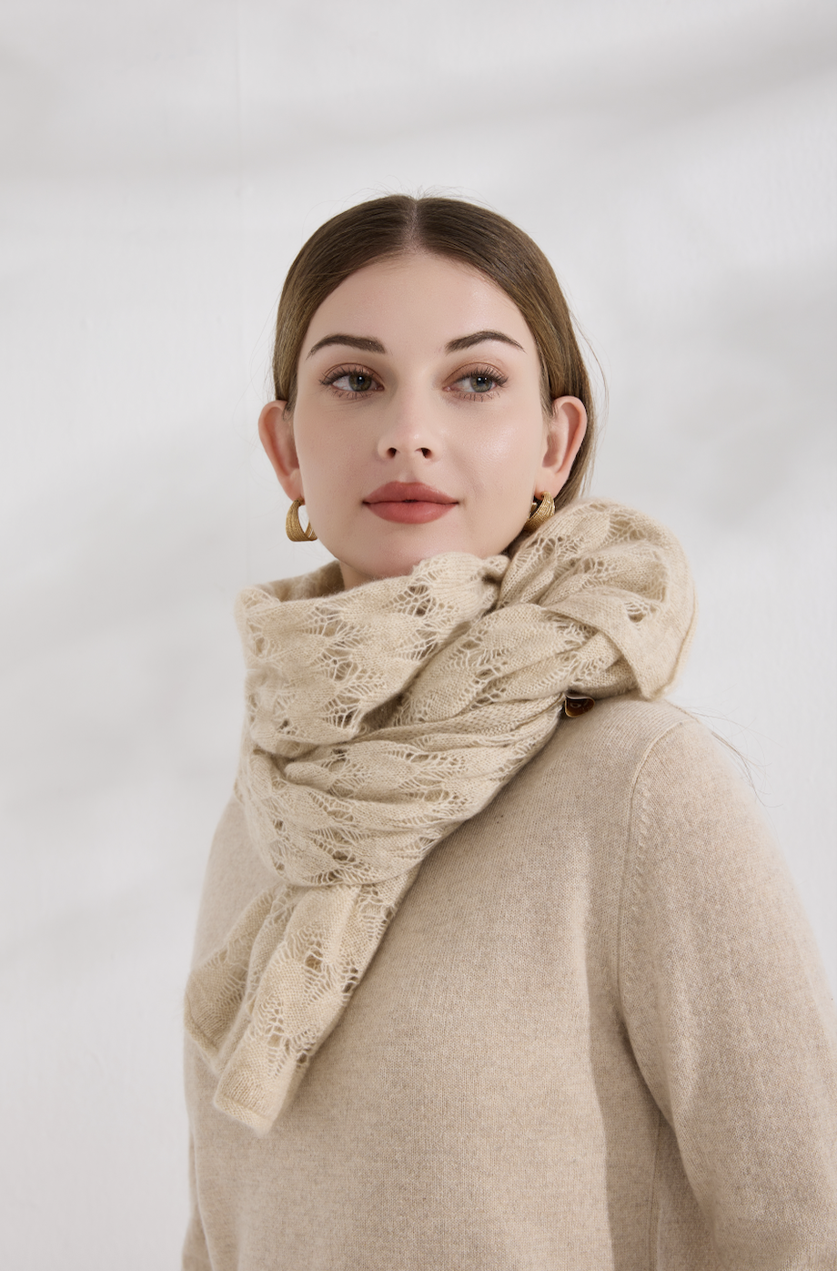 100% Pure Cashmere Openwork Lace Scarf – Organic Undyed Beige