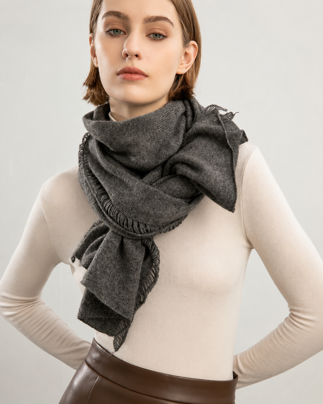 100% Pure Cashmere Frayed-Edge Scarf – Charcoal Grey
