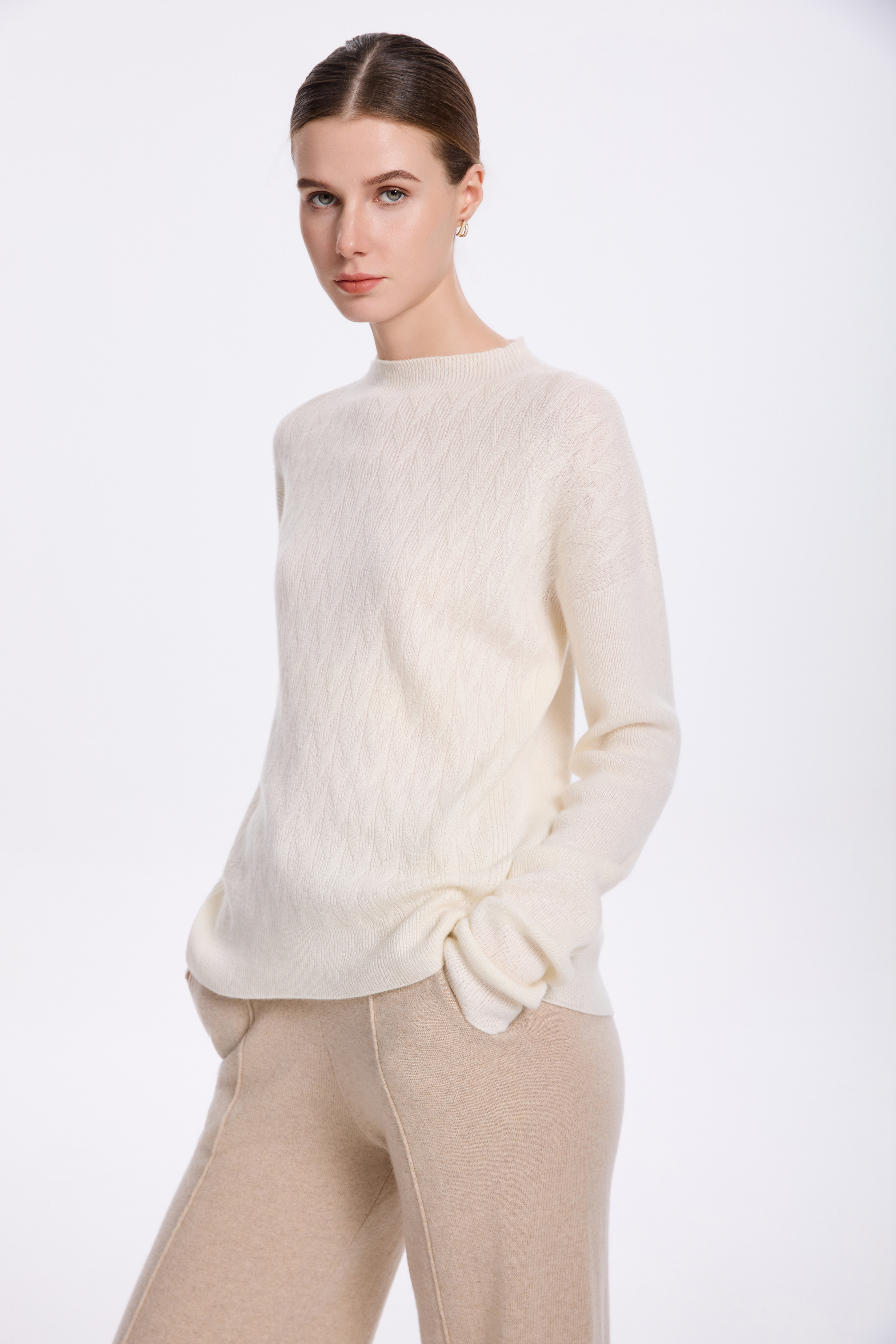 Ivory Textured Cashmere Knit Sweater