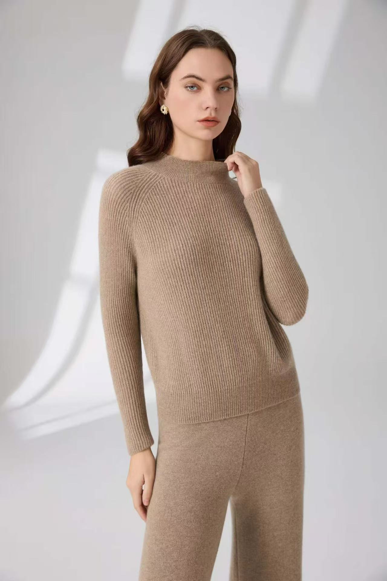100% Pure Cashmere Fisherman Rib Mock Neck Sweater